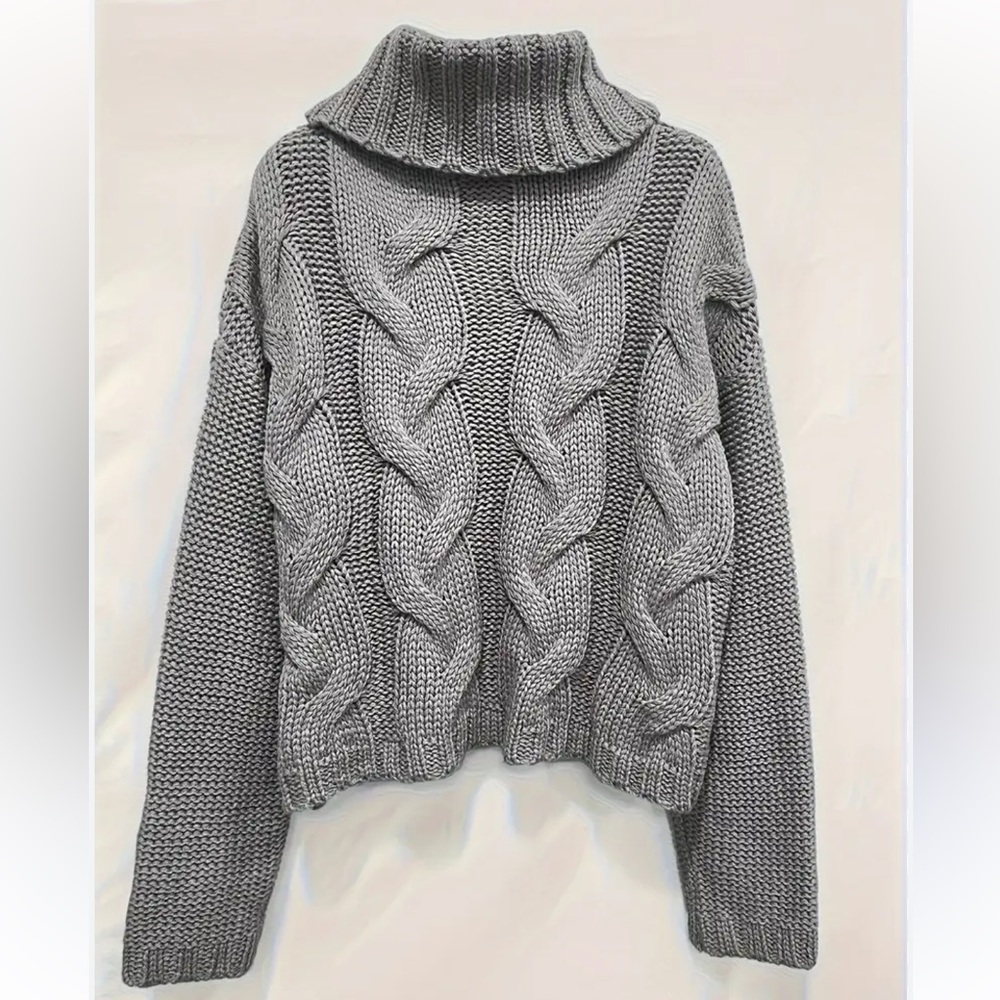 Gray Cable Knit Turtleneck Sweater